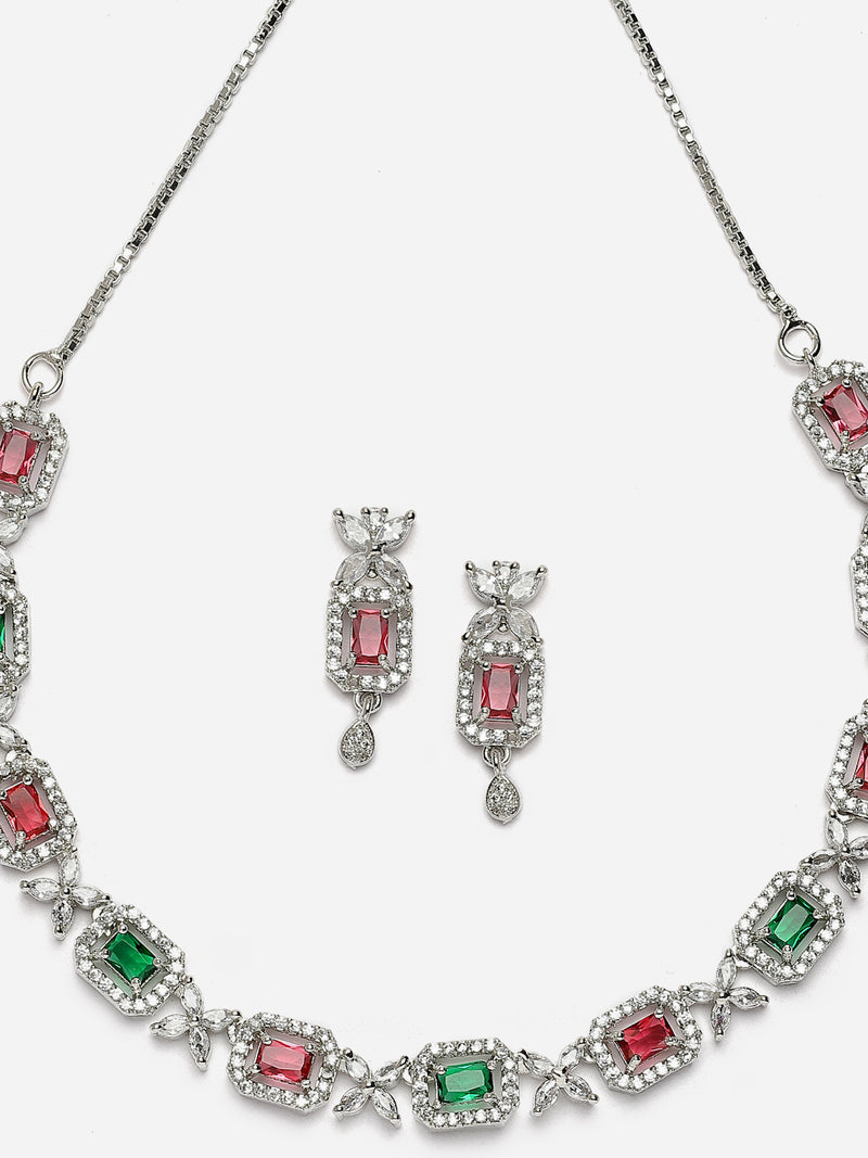 Rhodium-Plated Red & Green American Diamonds Studded Cubical Necklace & Earrings Jewellery Set