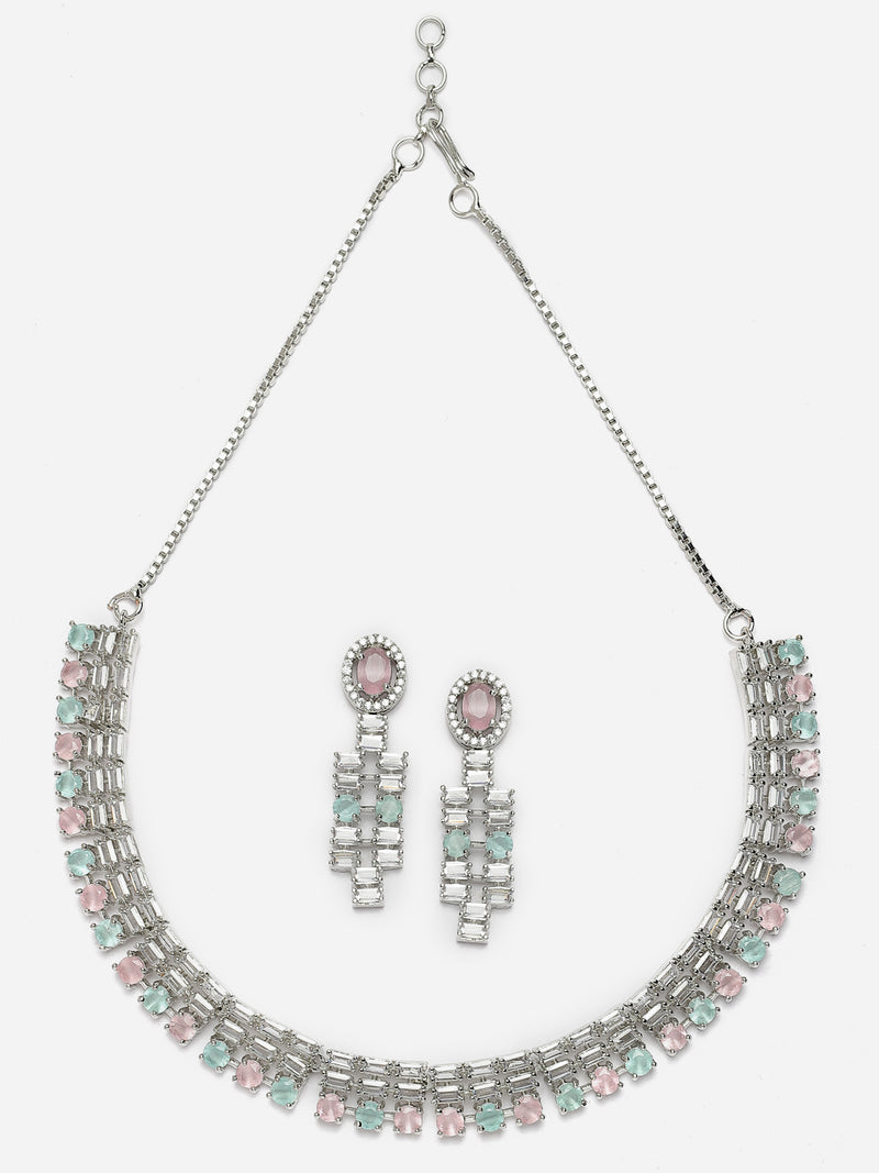 Rhodium-Plated Pink & Sea Green Round Shape American Diamonds Studded Necklace & Earrings Jewellery Set