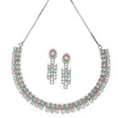 Rhodium-Plated Pink & Sea Green Round Shape American Diamonds Studded Necklace & Earrings Jewellery Set