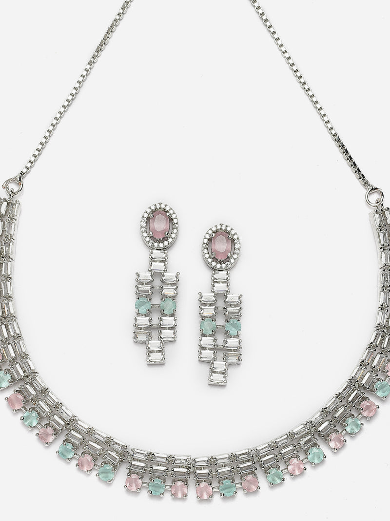 Rhodium-Plated Pink & Sea Green Round Shape American Diamonds Studded Necklace & Earrings Jewellery Set