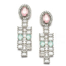 Rhodium-Plated Pink & Sea Green Round Shape American Diamonds Studded Necklace & Earrings Jewellery Set