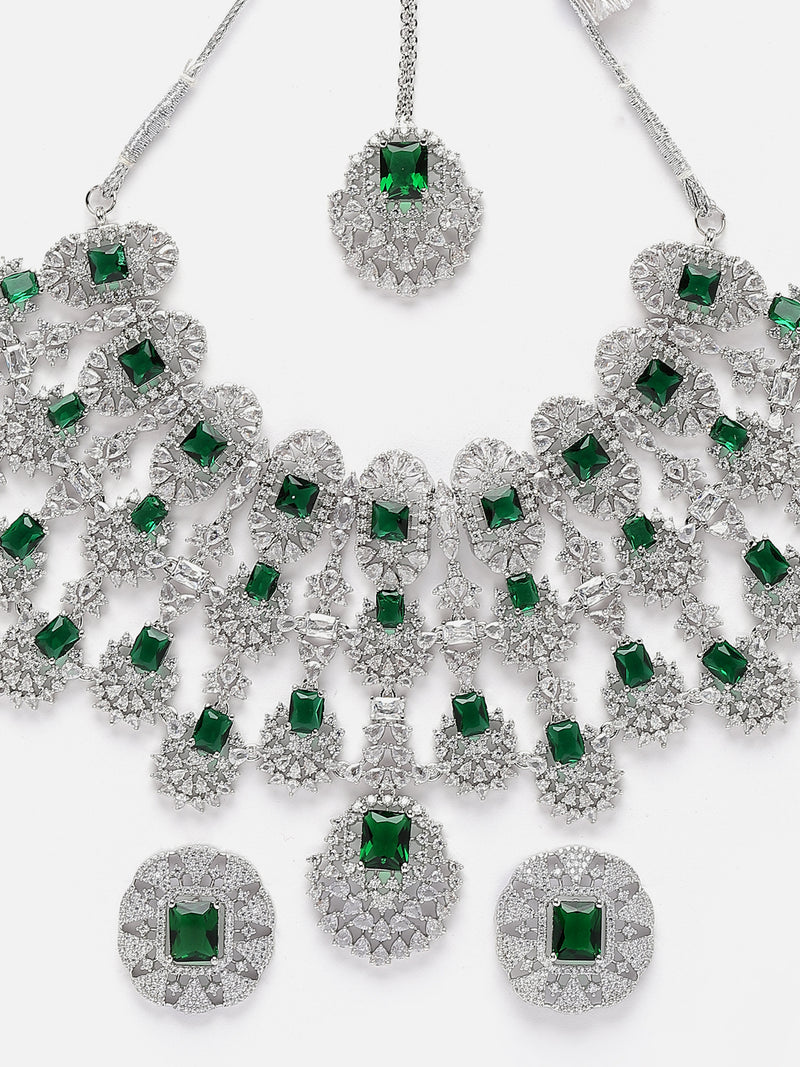 Rhodium-Plated Green American Diamond Studded Tasselled Jewellery Set