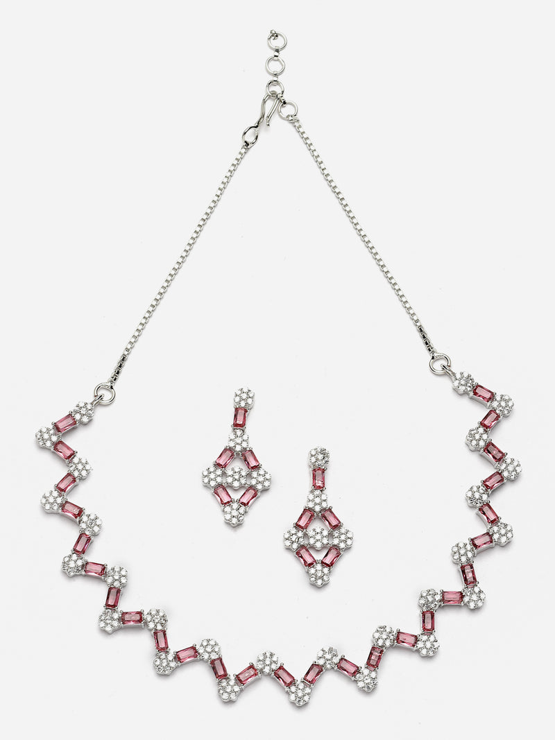 Rhodium-Plated Red American Diamond Studded Necklace With Earrings Jewellery Set