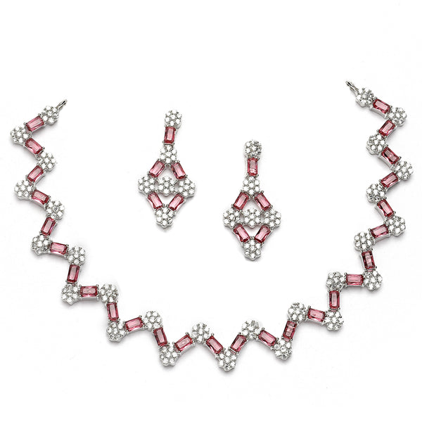 Rhodium-Plated Red American Diamond Studded Necklace With Earrings Jewellery Set
