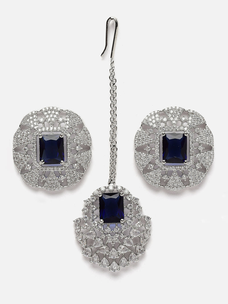 Rhodium-Plated Navy Blue American Diamond Studded Tasselled Jewellery Set