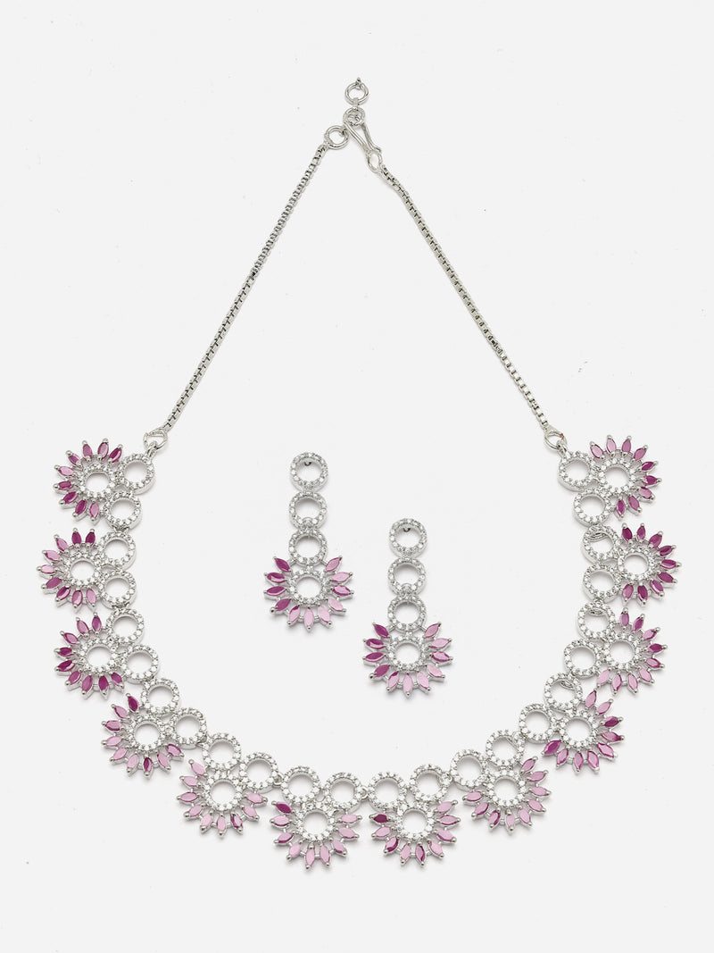 Rhodium-Plated Magenta American Diamond Studded Classic Necklace with Earrings Jewellery Set