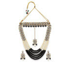 Gold-Plated Black & White Beaded Floral Kundan Studded Layered Jewellery Set