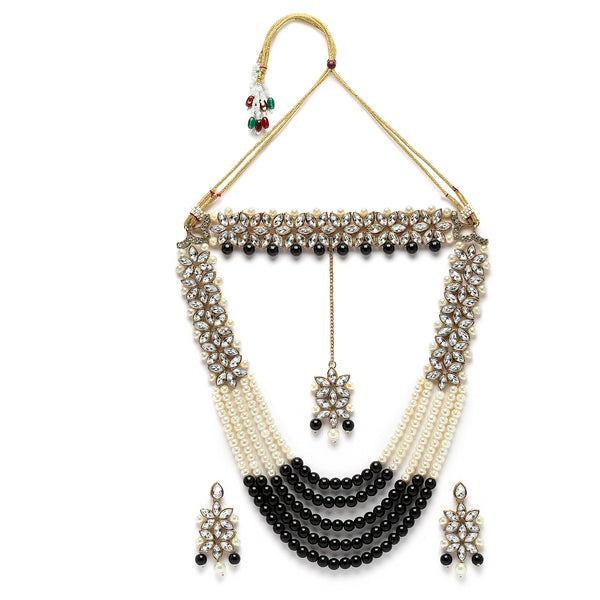 Gold-Plated Black & White Beaded Floral Kundan Studded Layered Jewellery Set