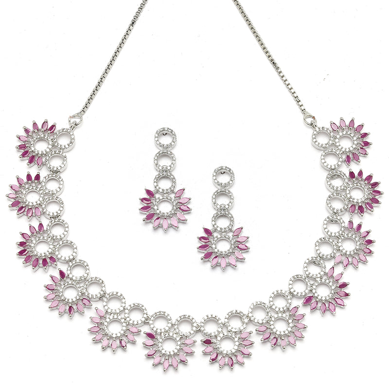 Rhodium-Plated Magenta American Diamond Studded Classic Necklace with Earrings Jewellery Set