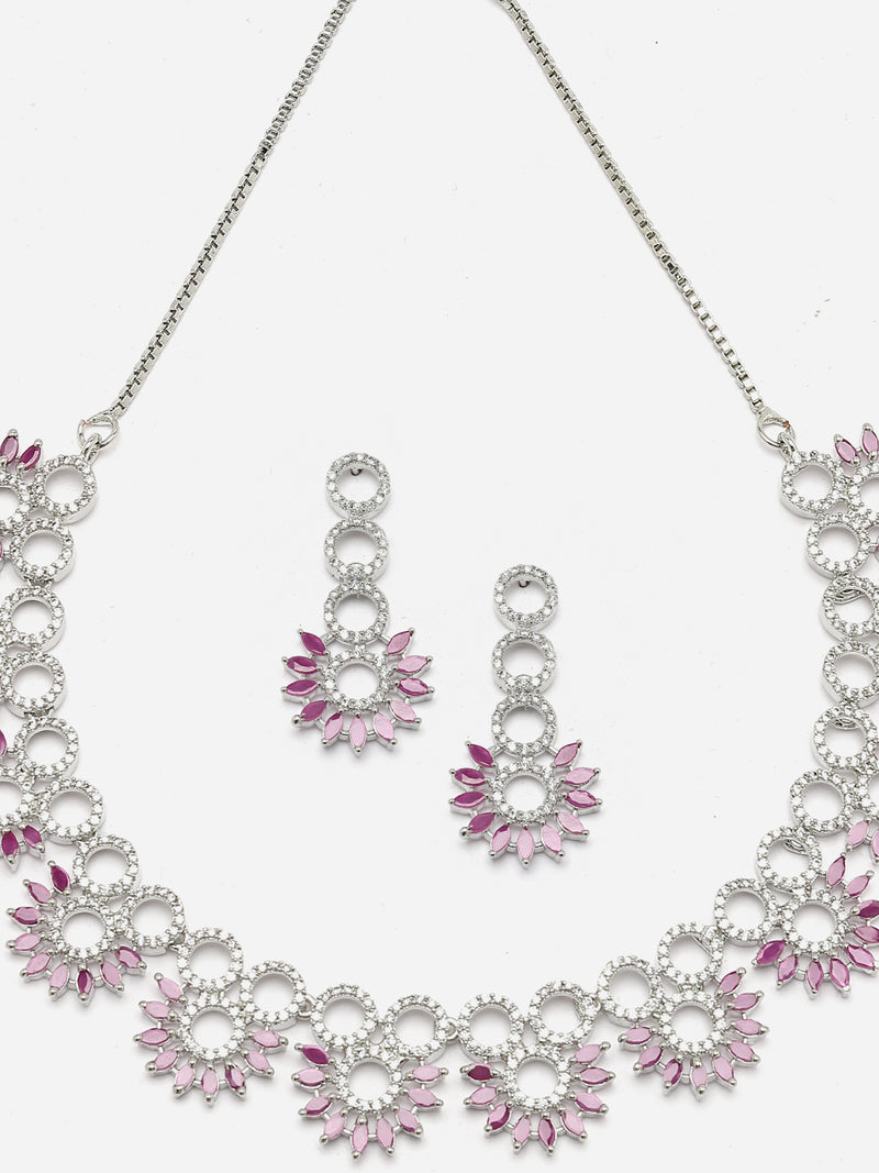 Rhodium-Plated Magenta American Diamond Studded Classic Necklace with Earrings Jewellery Set