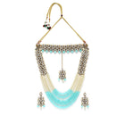 Gold-Plated Sky Blue & White Beaded Floral Kundan Studded Layered Jewellery Set
