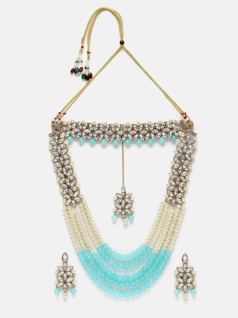 Gold-Plated Sky Blue & White Beaded Floral Kundan Studded Layered Jewellery Set