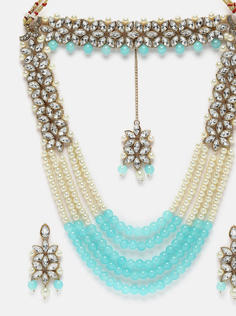 Gold-Plated Sky Blue & White Beaded Floral Kundan Studded Layered Jewellery Set