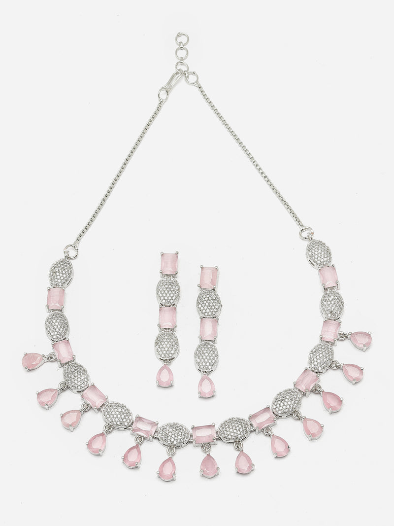 Rhodium-Plated Pink American Diamond Studded Intriguing Necklace & Earrings Jewellery Set