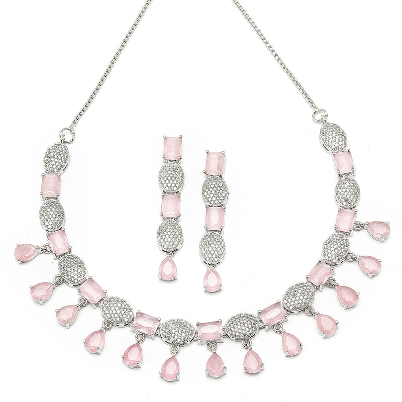 Rhodium-Plated Pink American Diamond Studded Intriguing Necklace & Earrings Jewellery Set