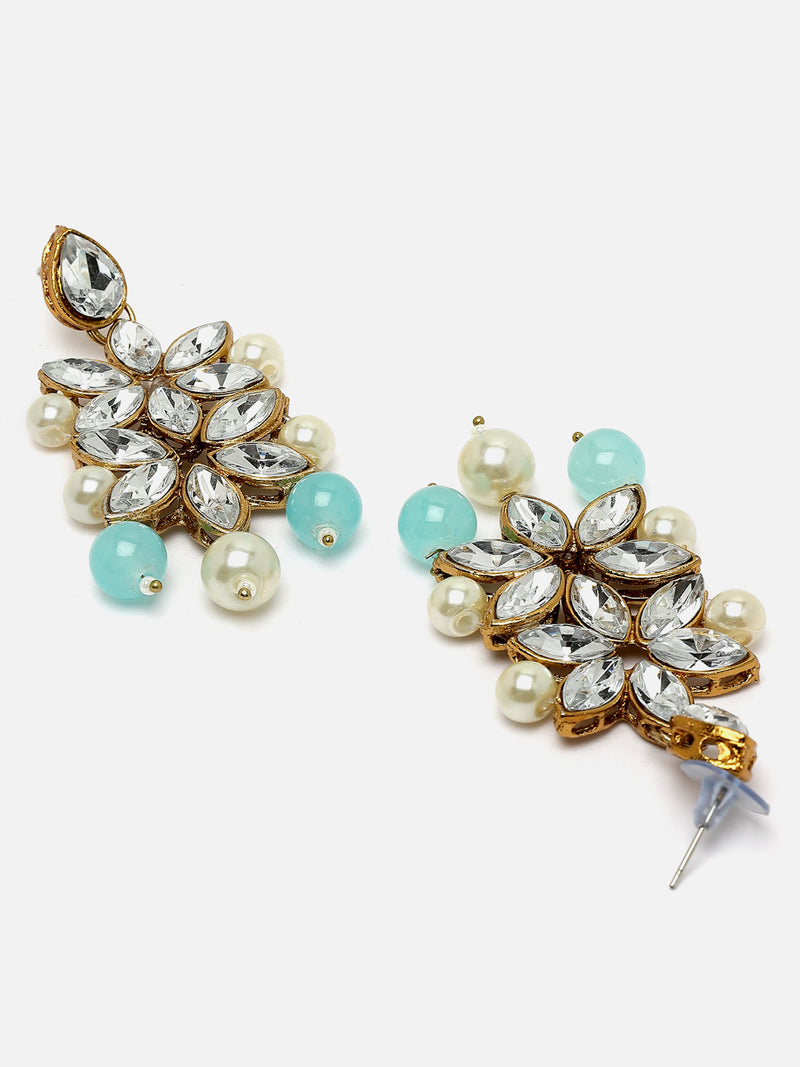 Gold-Plated Sky Blue & White Beaded Floral Kundan Studded Layered Jewellery Set