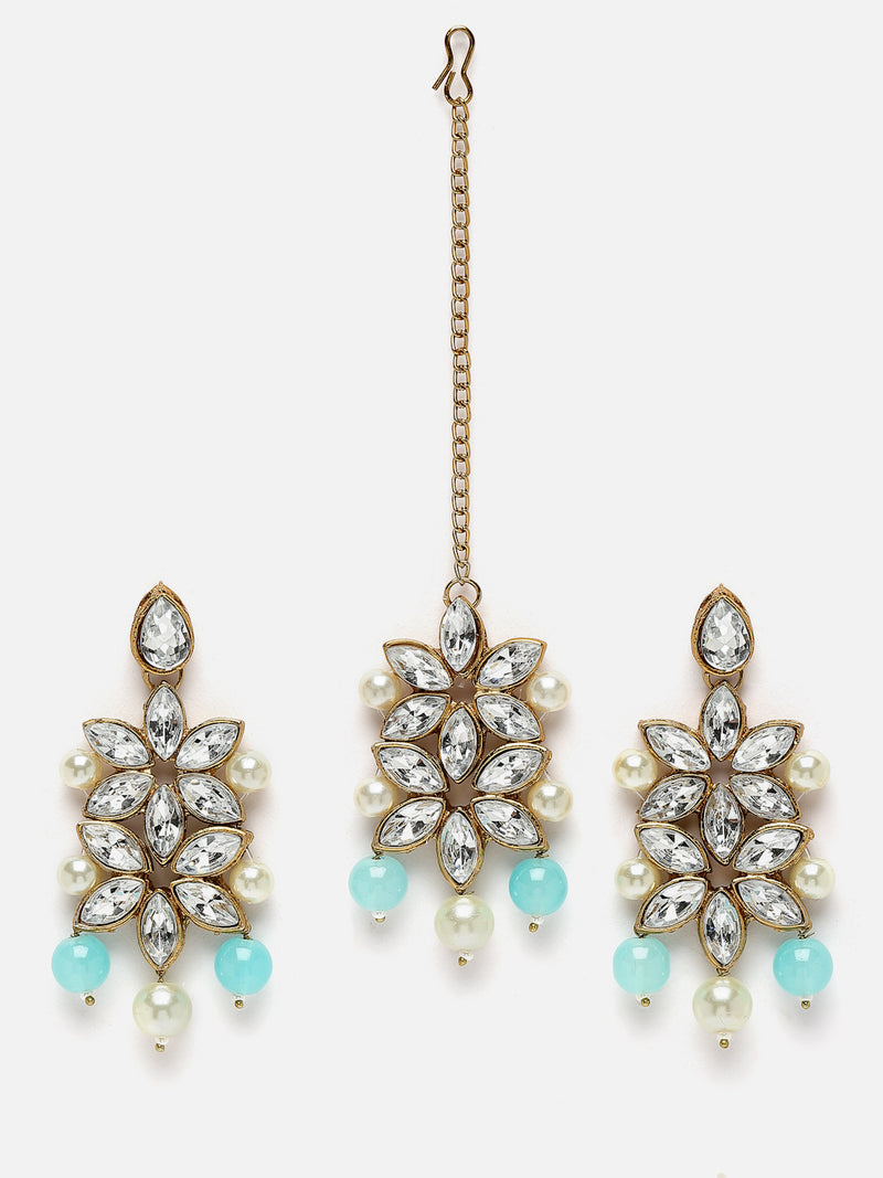 Gold-Plated Sky Blue & White Beaded Floral Kundan Studded Layered Jewellery Set