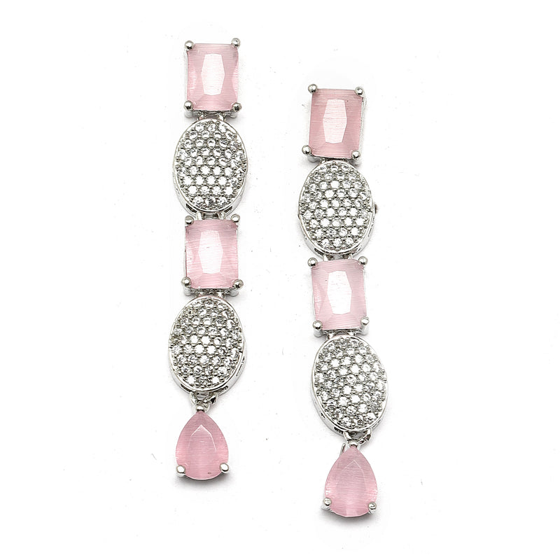 Rhodium-Plated Pink American Diamond Studded Intriguing Necklace & Earrings Jewellery Set