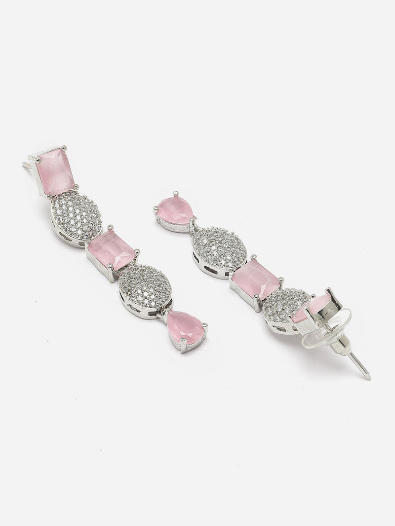 Rhodium-Plated Pink American Diamond Studded Intriguing Necklace & Earrings Jewellery Set