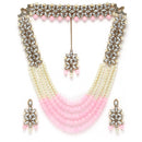 Gold-Plated Pink & White Beaded Floral Kundan Studded Layered Jewellery Set