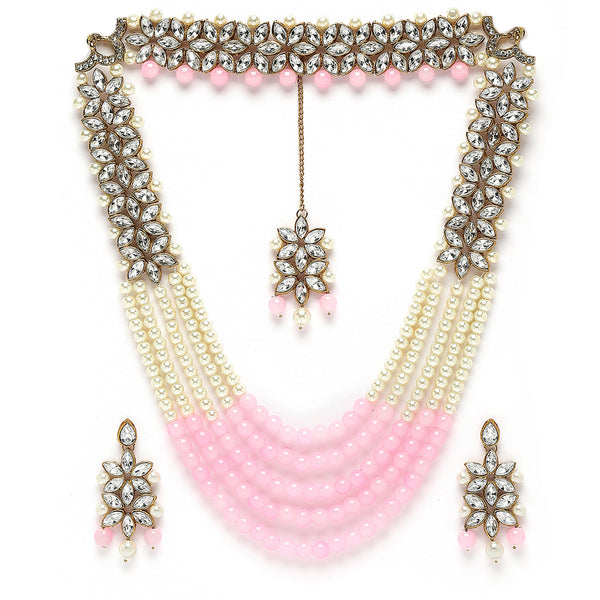 Gold-Plated Pink & White Beaded Floral Kundan Studded Layered Jewellery Set
