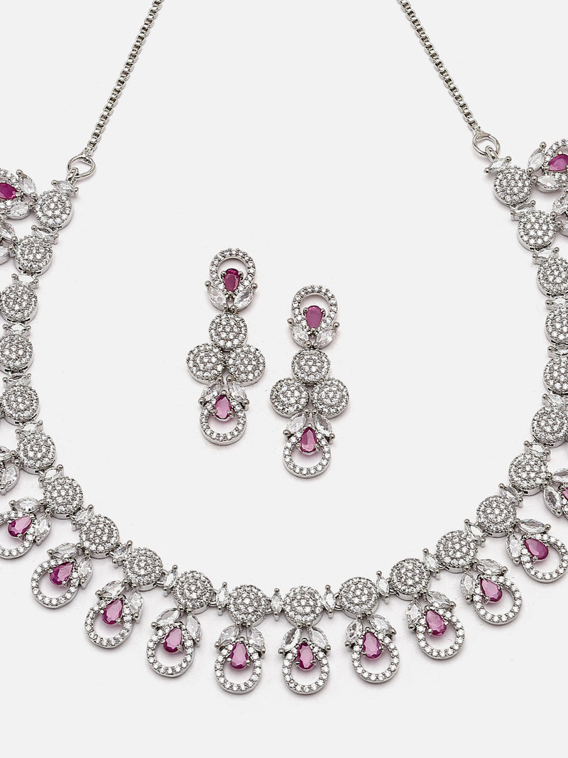 Rhodium-Plated Red American Diamonds Studded Voguish Necklace & Earrings Jewellery Set