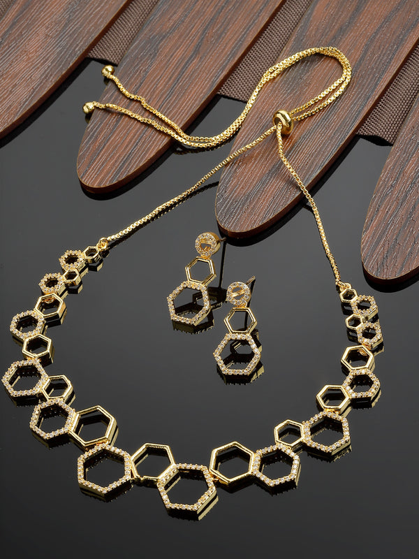 Gold-Plated White American Diamond Studded Hexagon Shaped Necklace with Earrings Jewellery Set