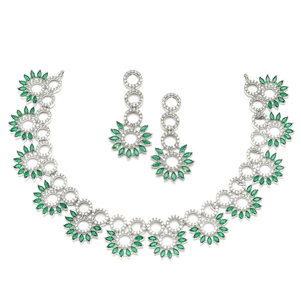 Rhodium-Plated Green American Diamond Studded Classic Necklace with Earrings Jewellery Set
