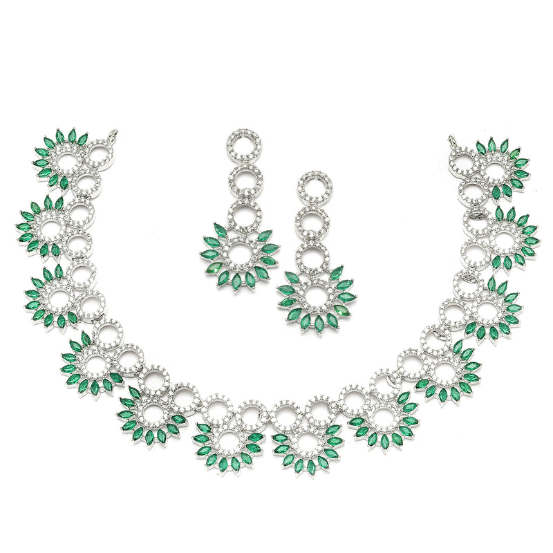 Rhodium-Plated Green American Diamond Studded Classic Necklace with Earrings Jewellery Set