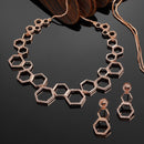Rose Gold-Plated White American Diamond Studded Hexagon Shaped Necklace with Earrings Jewellery Set
