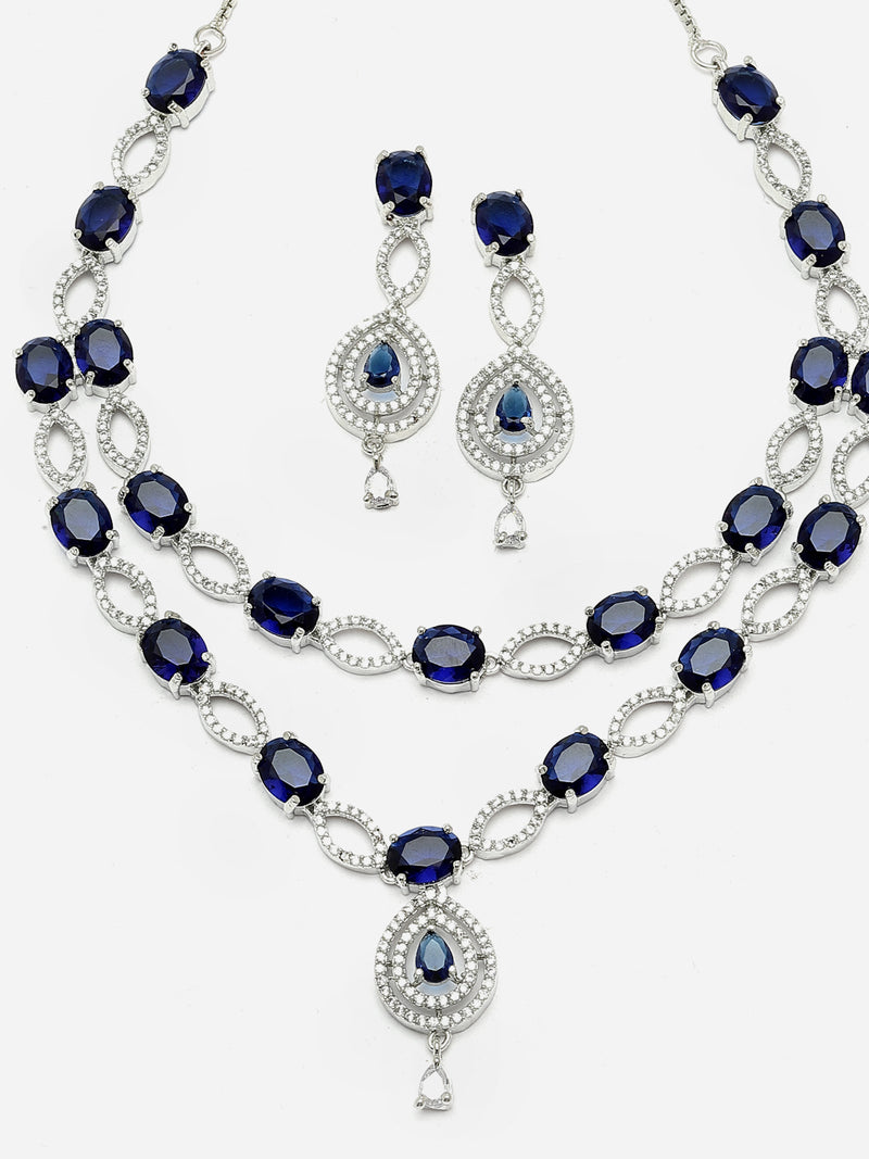 Rhodium-Plated Navy Blue American Diamond Studded Abstract Necklace & Earrings Jewellery Set