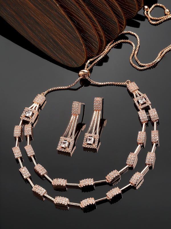 Rose Gold-Plated White American Diamond Studded Charismatic Necklace with Earrings Jewellery Set