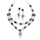 Rhodium-Plated Navy Blue American Diamond Studded Abstract Necklace & Earrings Jewellery Set
