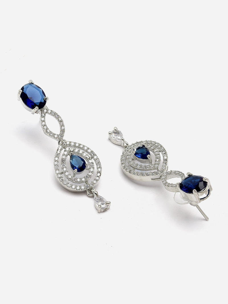 Rhodium-Plated Navy Blue American Diamond Studded Abstract Necklace & Earrings Jewellery Set