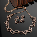 Rose Gold-Plated White American Diamond Studded Oval Shaped Necklace with Earrings Jewellery Set