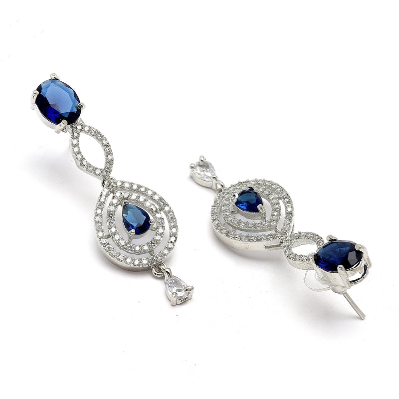 Rhodium-Plated Navy Blue American Diamond Studded Abstract Necklace & Earrings Jewellery Set