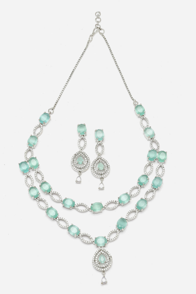 Rhodium-Plated Sea Green American Diamond Studded Abstract Necklace & Earrings Jewellery Set