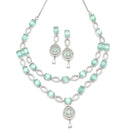 Rhodium-Plated Sea Green American Diamond Studded Abstract Necklace & Earrings Jewellery Set