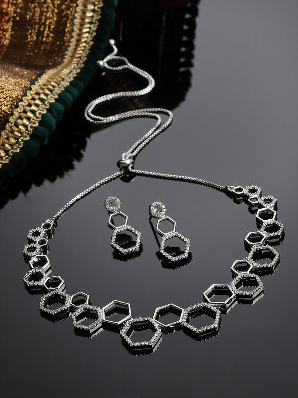 Rhodium-Plated White American Diamond Studded Hexagon Shaped Necklace with Earrings Jewellery Set