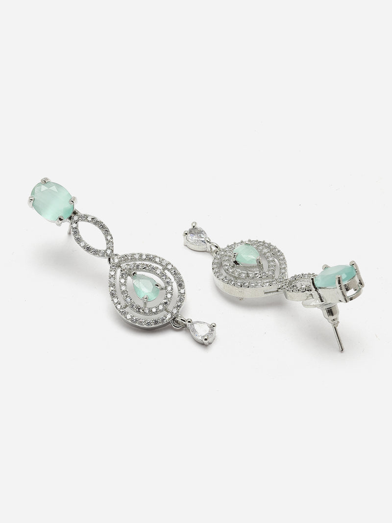 Rhodium-Plated Sea Green American Diamond Studded Abstract Necklace & Earrings Jewellery Set