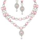Rhodium-Plated Pink American Diamond Studded Abstract Necklace & Earrings Jewellery Set
