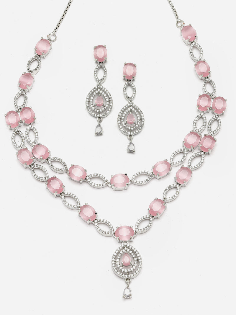 Rhodium-Plated Pink American Diamond Studded Abstract Necklace & Earrings Jewellery Set