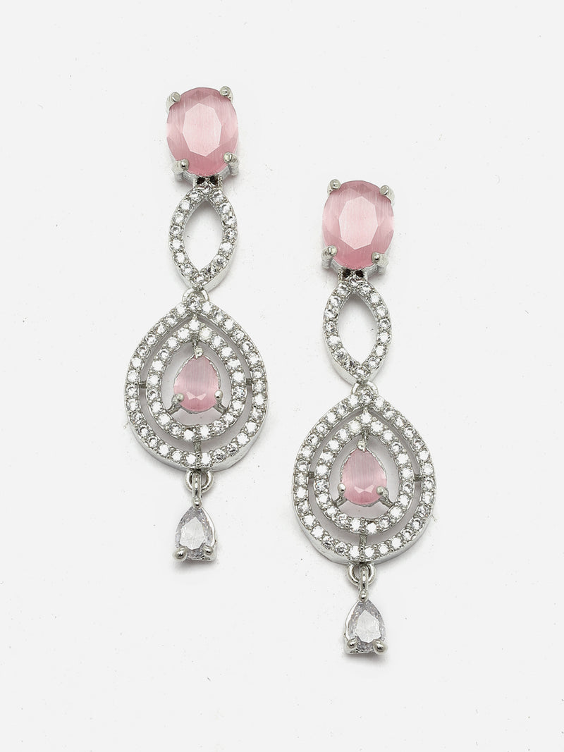 Rhodium-Plated Pink American Diamond Studded Abstract Necklace & Earrings Jewellery Set
