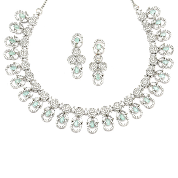 Rhodium-Plated Sea Green American Diamonds Studded Voguish Necklace & Earrings Jewellery Set