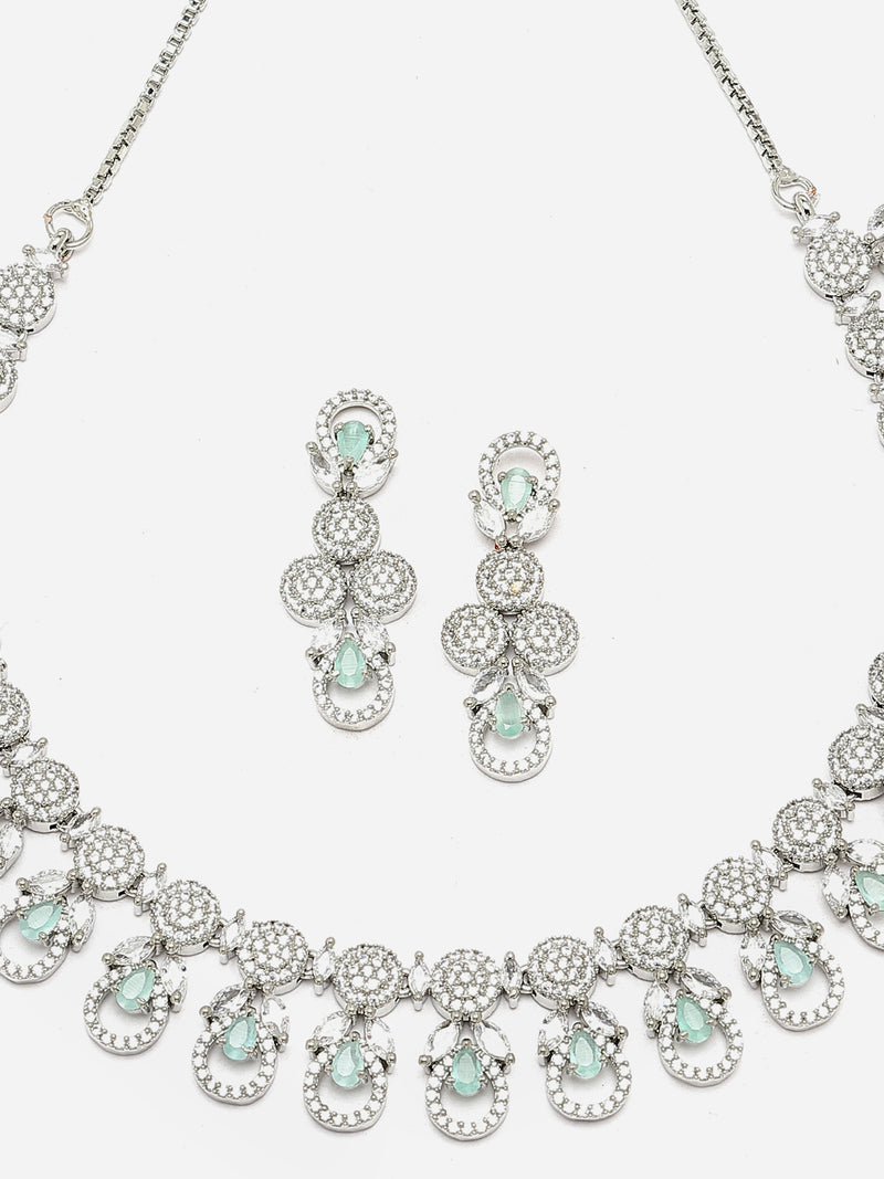 Rhodium-Plated Sea Green American Diamonds Studded Voguish Necklace & Earrings Jewellery Set