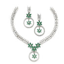 Rhodium-Plated Green American Diamond Studded Star & Leaf Shaped Necklace With Earrings Set