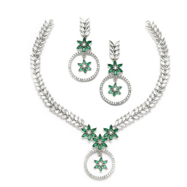 Rhodium-Plated Green American Diamond Studded Star & Leaf Shaped Necklace With Earrings Set
