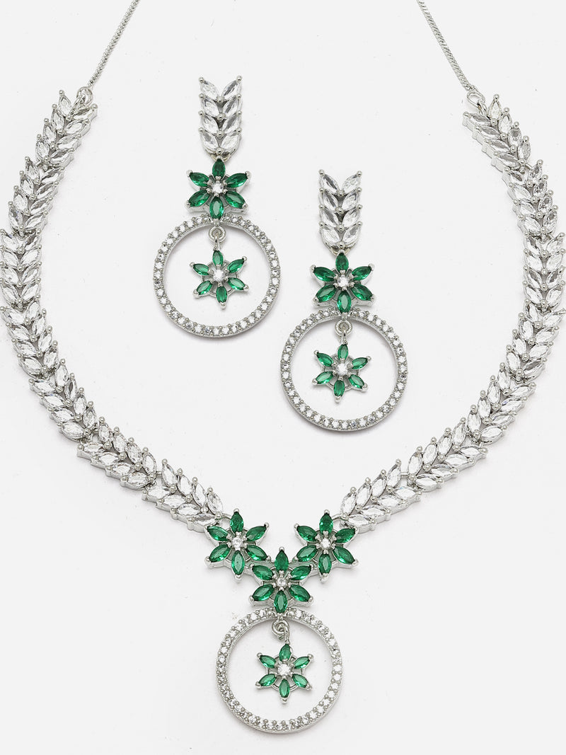 Rhodium-Plated Green American Diamond Studded Star & Leaf Shaped Necklace With Earrings Set