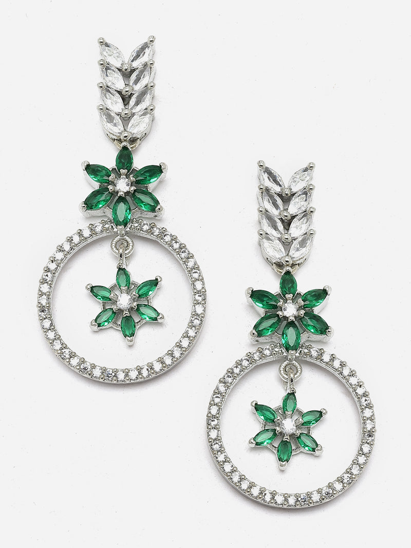 Rhodium-Plated Green American Diamond Studded Star & Leaf Shaped Necklace With Earrings Set