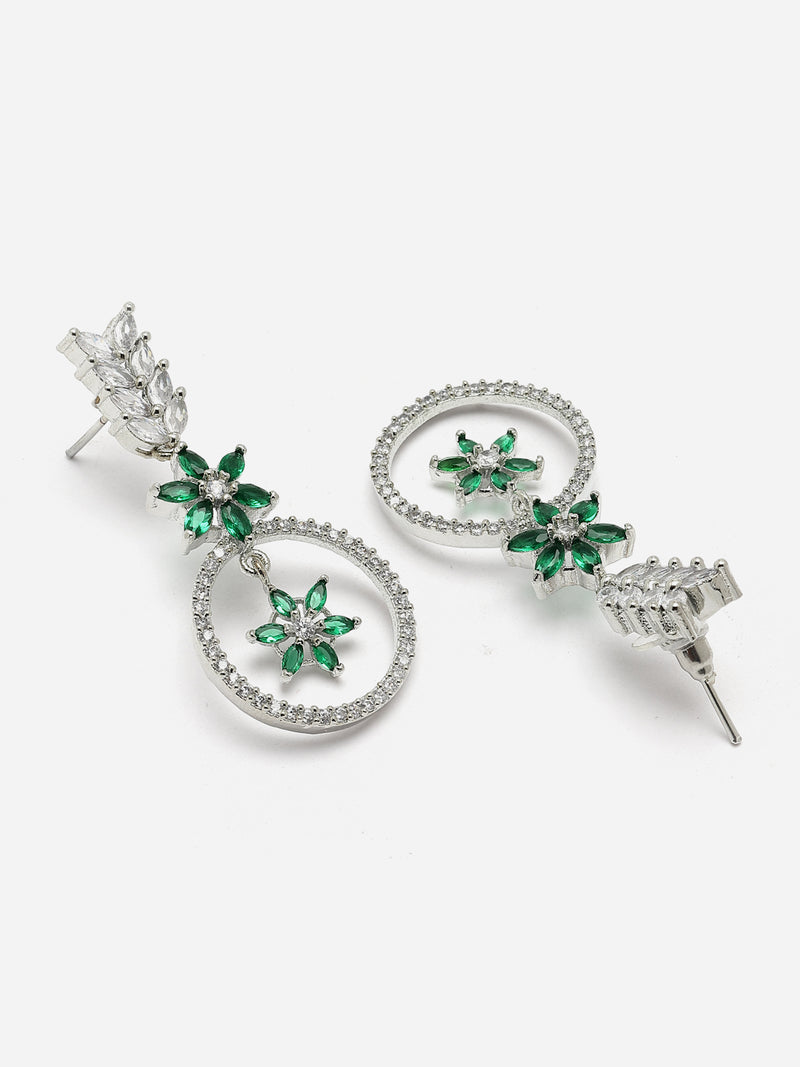 Rhodium-Plated Green American Diamond Studded Star & Leaf Shaped Necklace With Earrings Set